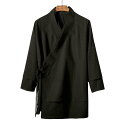 中国 民族 衣装 道士服 メンズ 秋 トップス チャイナシャツ ローブ 長袖 斜め襟 重ね着風 紐 綿麻 道教 カジュアル 無地 白 黒