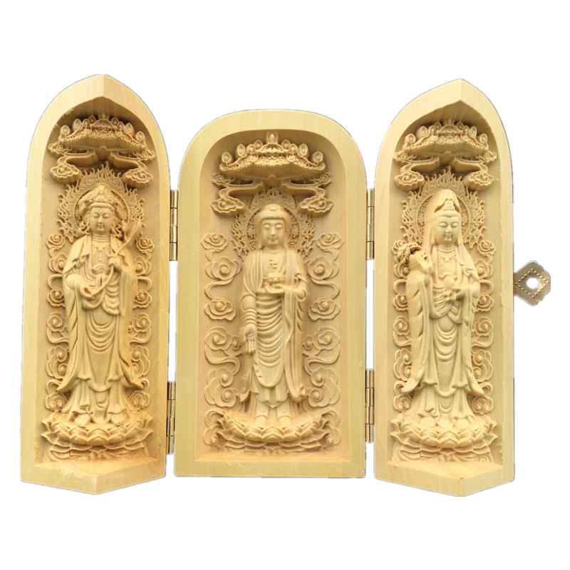 仏像 大日如来 柘植 千手観音 釈迦 木彫り 三面 開閉 ボックス 置物 コンパクト ポータブル 礼拝 インテリア レトロ ナチュラル プレゼント