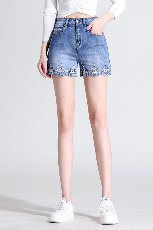 デニム ショートパンツ レディース 春夏 ハイウエスト ゆったり 大きいサイズ 伸縮性 履きやすい ワイドレッグ 五分丈 刺繍 おしゃれ 青