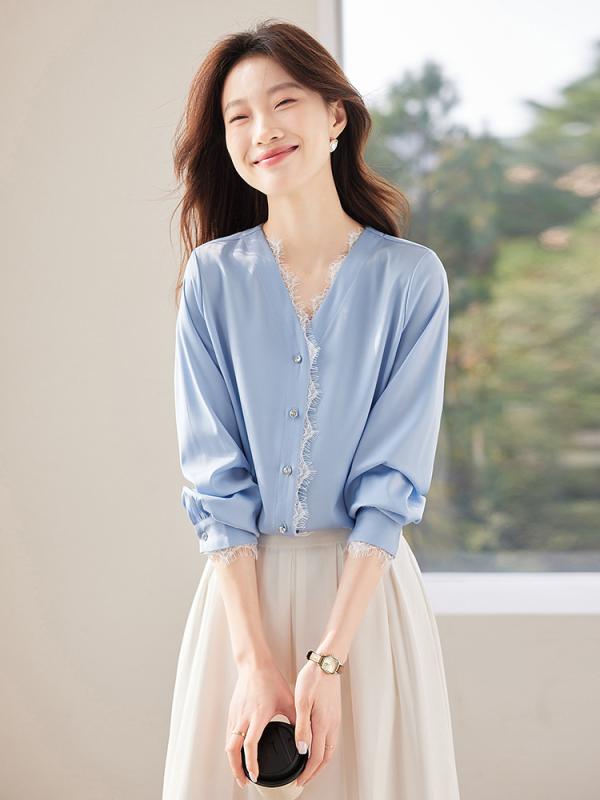 シャツ レディース 長袖 ブラウス トップス Vネック レース 大きいサイズ ゆったり 春秋 通勤 オフィス 普段使い きれいめ エレガント 前開き ボタン 無地 ポリエステル 白 ブルー 上品 体型カバー 大人 30代