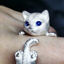 フリーサイズ 指輪 かわいい 猫 レディース アクセサリー シルバー925 目 象嵌 黒曜石 オープンリング アニマル リアル プレゼント 誕生日 記念日(4)