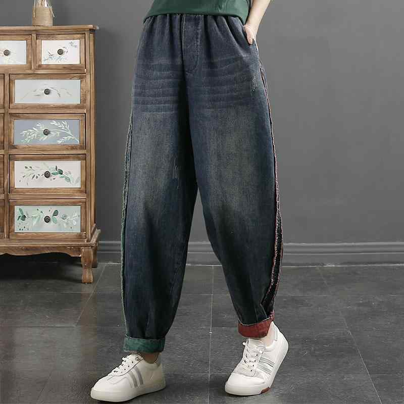 レディース パンツ 秋 綿 デニム ロング丈 ポケット ウエストゴム 切りっぱなし ソフト 薄手 ゆったり ハーレム カジュアル おしゃれ 青 黒 ウェストゴム
