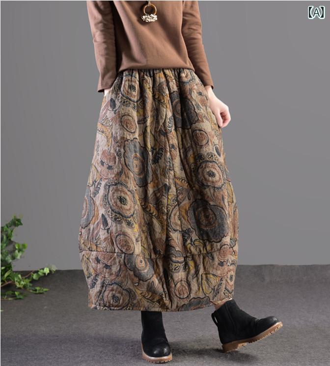 ロングスカート 秋冬 ウエストゴム レディース エスニック 民族風 厚手 体型カバー 大人 きれいめ レトロ 刺繍 フリーサイズ おしゃれ