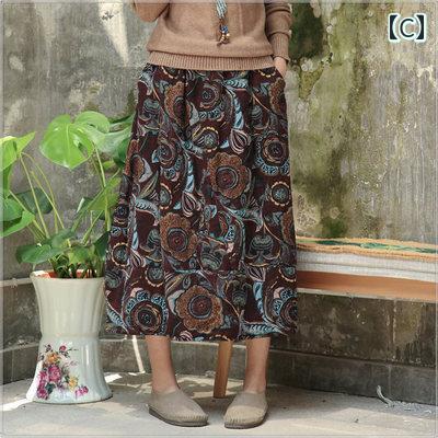 ロングスカート 秋冬 ウエストゴム レディース エスニック 民族風 厚手 体型カバー 大人 きれいめ レトロ 刺繍 フリーサイズ おしゃれ