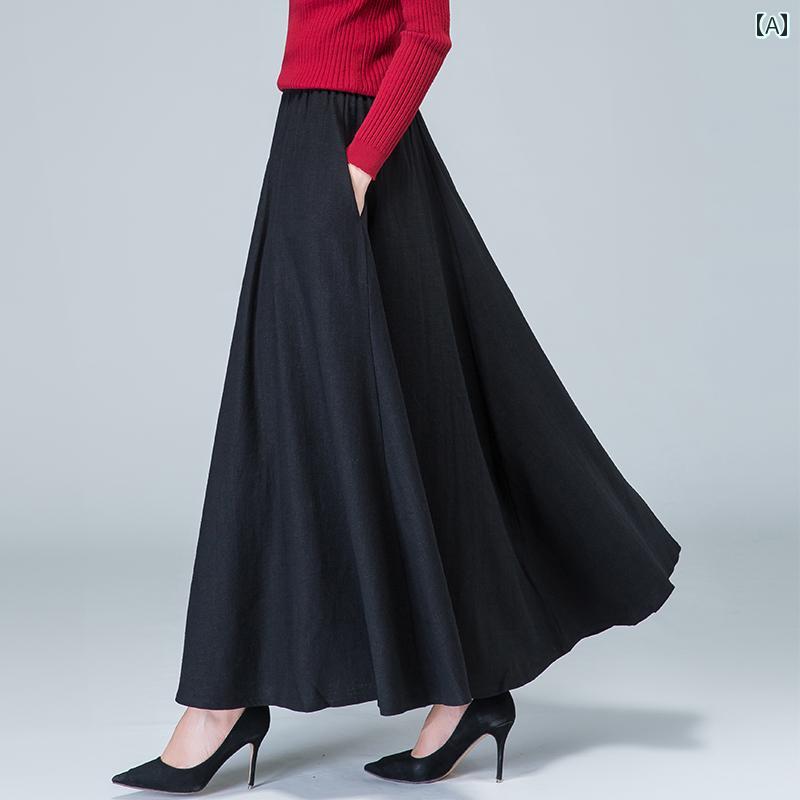 ロングスカート 秋 ウエストゴム レディース エスニック 民族風 Aライン 大人 きれいめ レトロ おしゃれ フリーサイズ ダンス 黒 赤 カーキ(4)