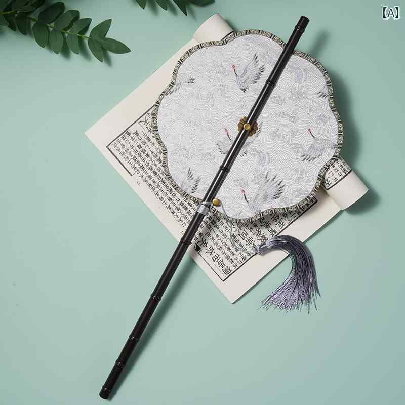 中国 扇子 巻き取り式 コスプレ 漢服 レトロ ポータブル 腰 ラウンド 紫竹 ロング ハンドル タッセル ..