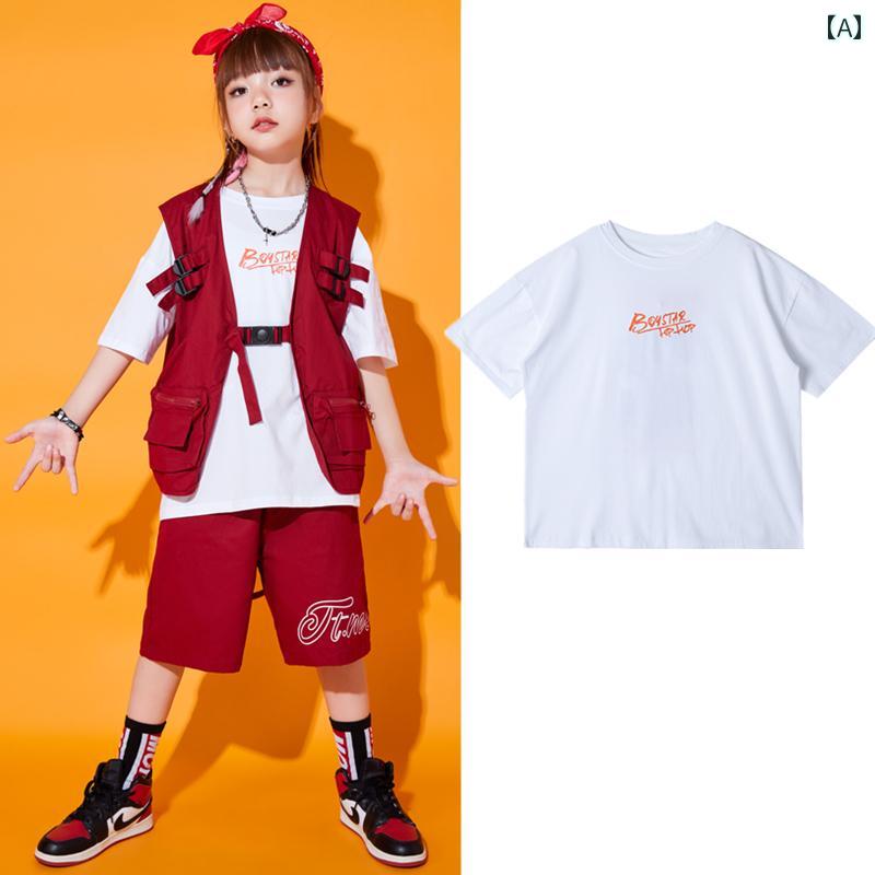 ダンス衣装 セットアップ 子供 キッズ 女の子 男の子 半袖 半ズボン ヒップホップ パフォーマンス ストリート おしゃれ カジュアル 白 黒 赤