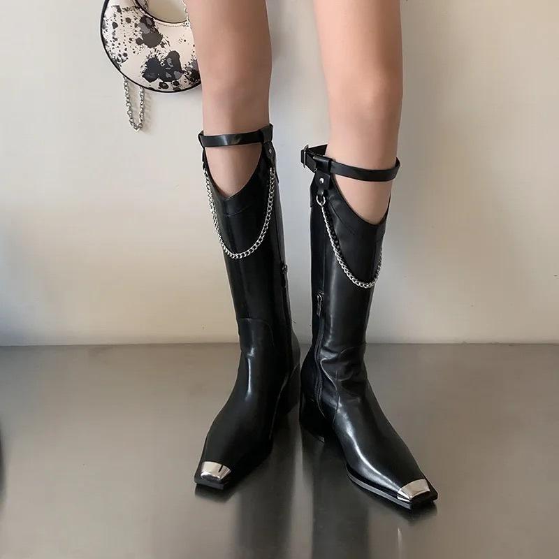 ロングブーツ レディース ライダー 秋 太ヒール チェーン スクエアトゥ スリムフィット ベルト バック..