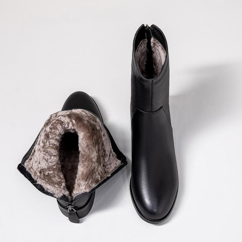 ブーツ レディース 秋冬 ラウンドトゥ ミドル丈 本革 牛革 リアルレザー ウール ムートン ボア 防寒 保温 暖かい 厚手 ミドルヒール チャンキーヒール カジュアル 普段使い ブラック ラバーソール