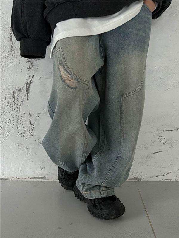 デニムパンツ 男の子 ジーンズ 長ズボン 秋 カジュアル 通学 ストレートパンツ ダメージ加工 ビンテー..