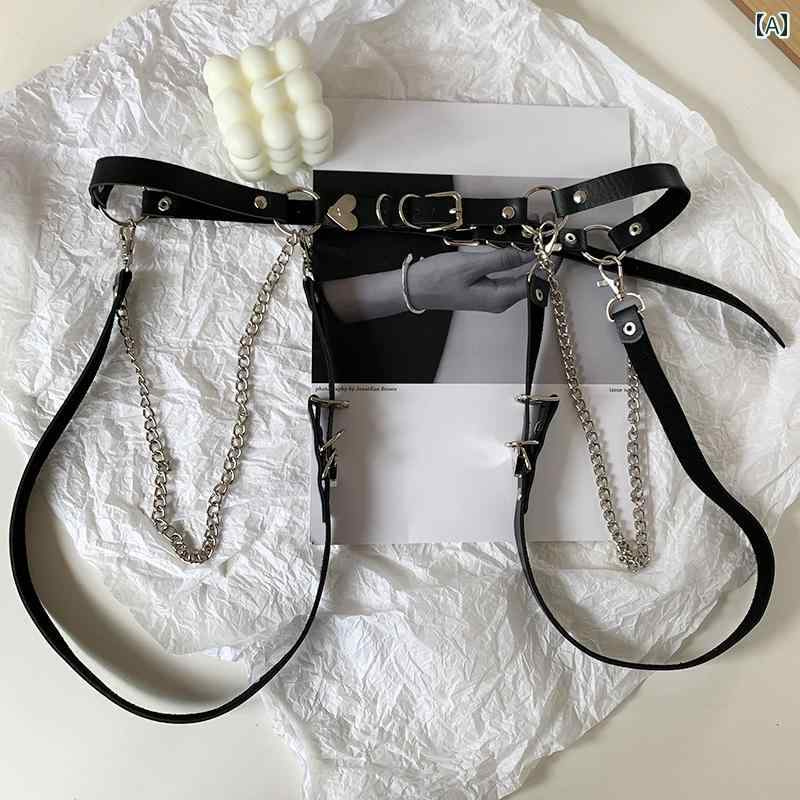 コルセット ハーネス ボディ ベルト レード ウエストアクセサリー ストラップ チェーン PU ピンバックル シングルループ パンクスタイル 黒 おしゃれ