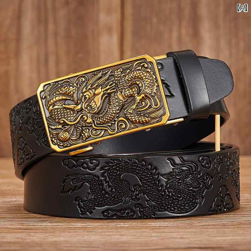 For Men - メンズ ベルト かっこいい レザー 2層 牛革 エンボス 加工 ドラゴン 彫刻 デザイン シングル ループ バックル 合金 スクエア エスニック 黒 茶色