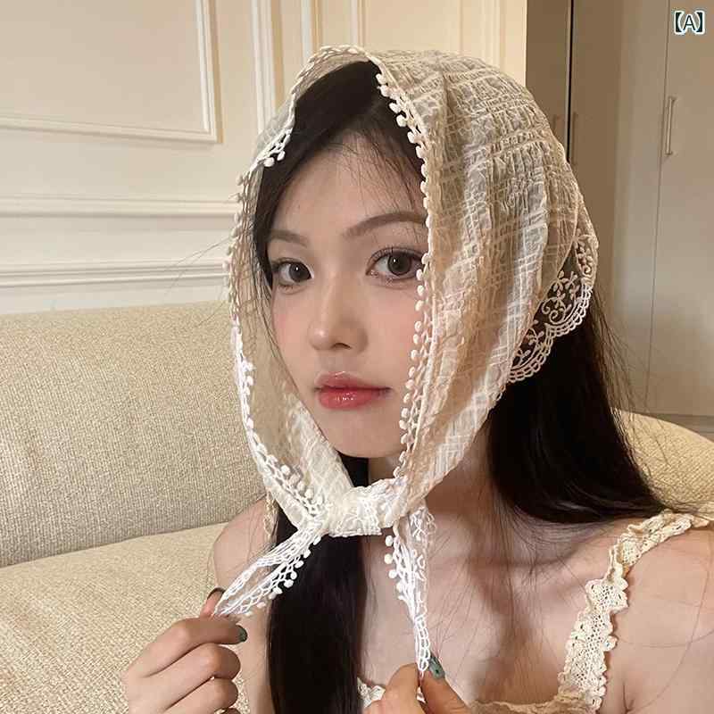 スカーフ 薄手 夏用 レディース フレンチ レース 花 ヘッド トライアングル 写真 撮影 かわいい 軽い 普段使い レジャー 白 ピンク 青 柔らかい