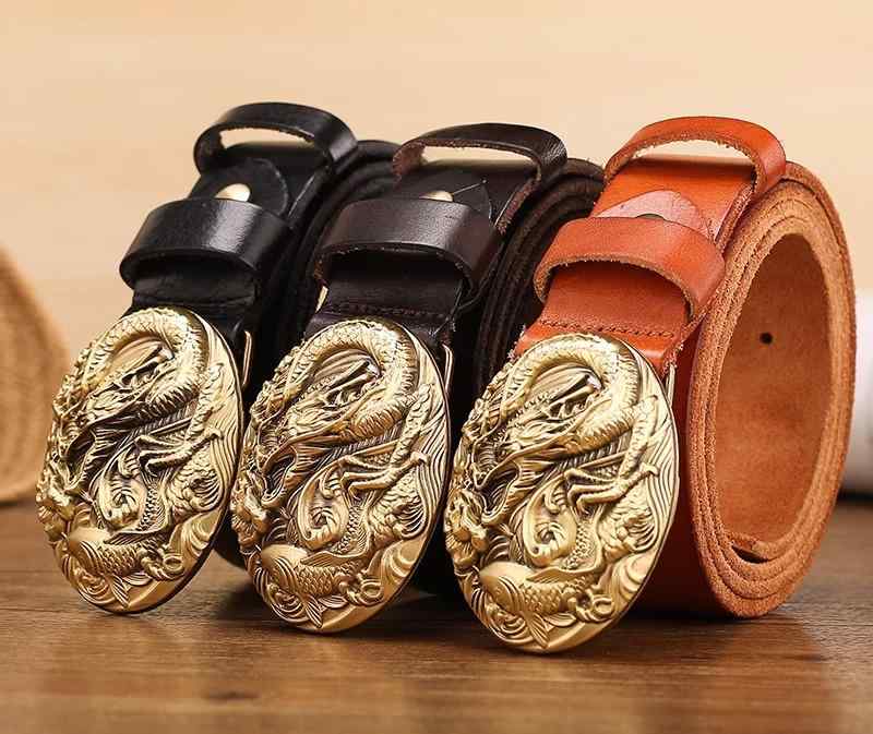 メンズ ベルト かっこいい 銅 スムース バックル 魚 龍 デザイン カジュアル ごつめ レザー ソフト シングル ループ ズボン 装飾品 茶色 黒