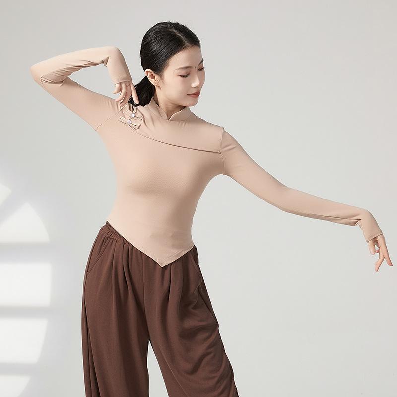 ダンス衣装 チャイナ風 クラシック エレガント レディース トップス モダン エスニック 練習着 パフォーマンス 黒 白 茶色 シンプル 無地 長袖 ぴったり キャミソール