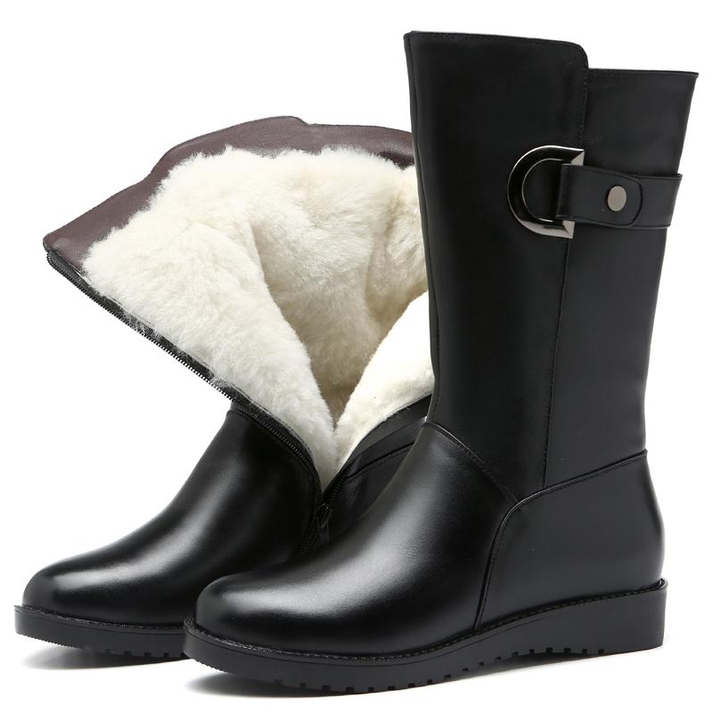 スノーブーツ レディース 女性用 本革 牛革 ウール ミドル丈 フラットソール 低ヒール あったか 防寒 冬用 ラウンドトゥ サイドジッパー 普段使い