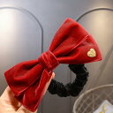 ヘアアクセサリー リボン 子供 キッズ 女の子 髪飾り プレゼント ベルベット ゴム バンド シュシュ ハート 大ぶり 発表会 かわいい 赤 黒