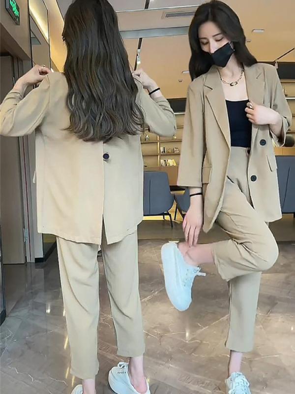 レディース おしゃれ パンツスーツ 夏 薄手 七分袖 ストレート ショート丈 半袖 上下セット 着やすい ゆったり バックボタン 黄 ピンク オレンジ
