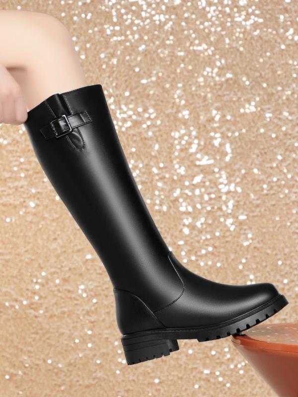 ブーツ レディース 本革 ロング ジョッキー ミドルブーツ 秋冬 防寒 暖か 裏ボア ムートン フラット ロー 太ヒール 滑り止め サイドジップ 厚底 ラウンドトゥ 異素材切り替え 普段使い デイリー 黒