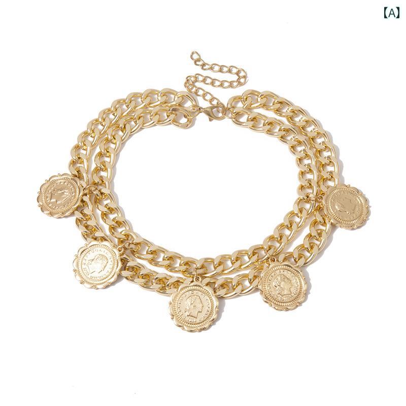 チョーカー レディース ゴールド 大ぶり ネックレス 首飾り アクセサリー 合金 光沢 チェーン 揺れる アメリカ 発表会 パーティー おしゃれ コイン