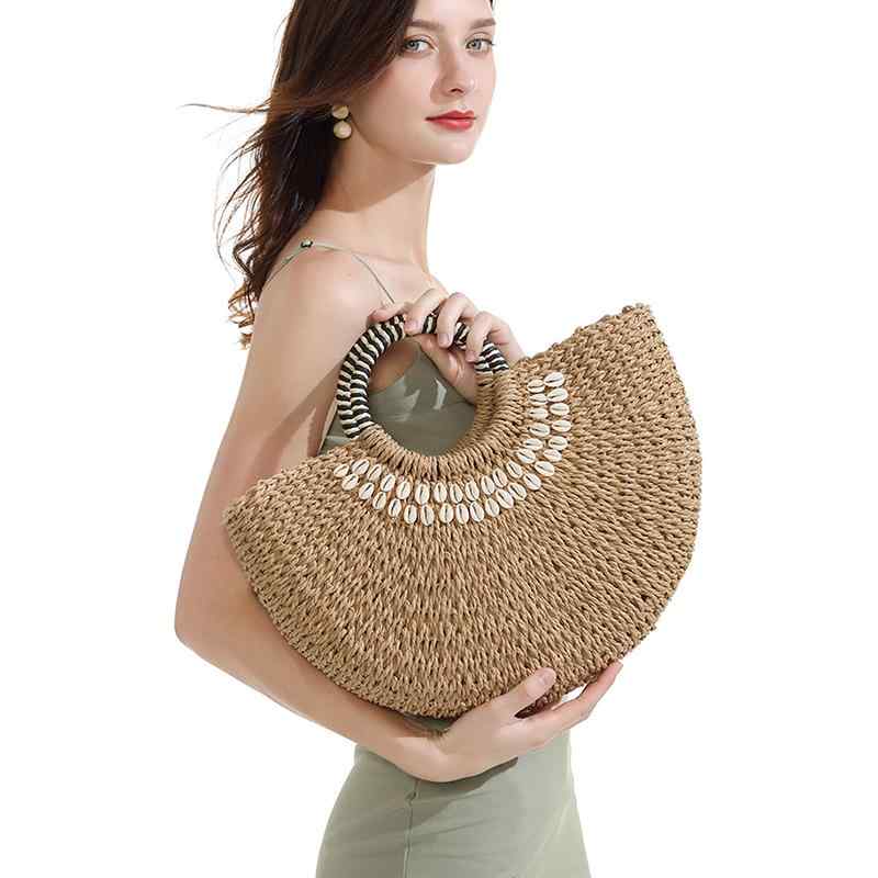 Tote Bag Type - かごバッグ 大人 おしゃれ 貝がら ラウンド わら フレンチ ポータブル 大容量 編み込み ビーチ レジャー レディース シンプル ハンド 茶 ソフト ハンドル
