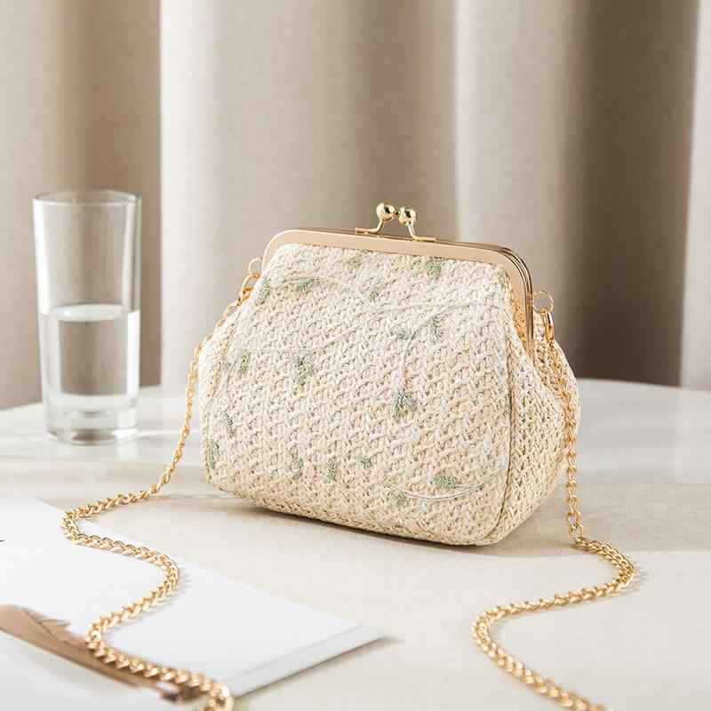 Handbag Type - かごバッグ 大人 おしゃれ 麦わら レース 小さめ レディース 夏 編み込み ショルダー チェーン ゴールド 斜めがけ がま口 エレガント 韓国 アイボリー カーキ