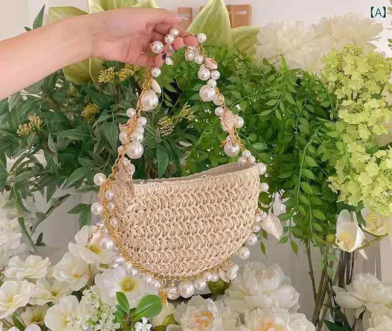 編み バッグ 夏 大人 おしゃれ シェル型 ストロー トート ビーチ 旅行 柔らかい パール 光沢 チェーン ヒトデ 貝がら ジッパー 茶 白 黒