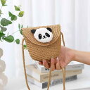かごバッグ ショルダー かわいい パンダ 織り 夏 ビーチ ストロー レディース ミニ 携帯電話 斜め掛け シンプル ラウンド シェル型 面ファスナー ジッパー 白 茶 ピンク
