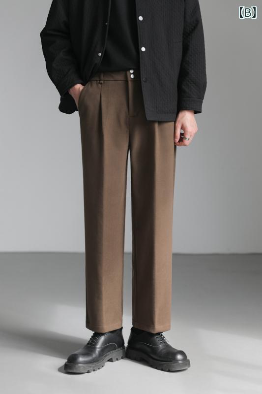 スラックス メンズ パンツ 韓国 ズボン ロング ワンタック ストレート ウエストゴム 伸縮性 ゆったり 大きいサイズ シンプル スタイリッシュ オフィス カジュアル 黒 茶 アプリコット