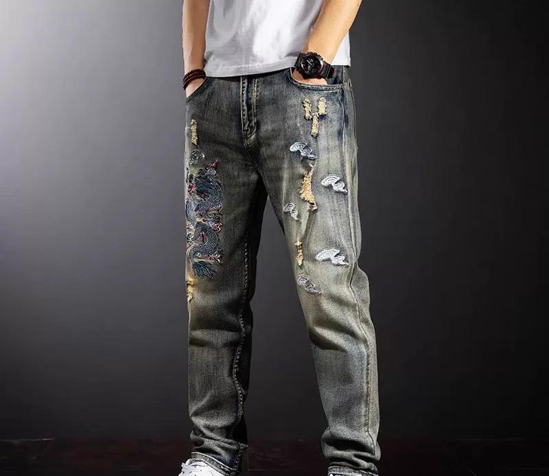 デニムパンツ メンズ 春秋 ロング丈 ドラゴン 魚 刺繍 ジッパー ポケット スリム フィット チャイナ風 カジュアル ストリート 青 大きいサイズ