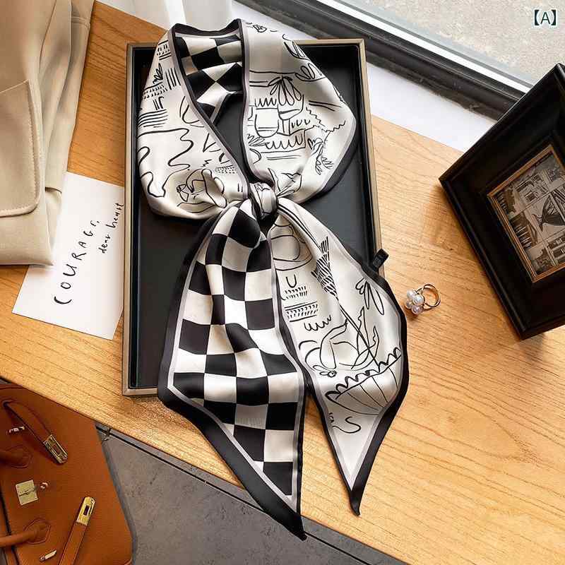 スカーフ 長細い ロング レディース 多用途 長方形 春秋 ヘアバンド バッグ シャツ おしゃれ エレガント 千鳥格子 レオパード ドット 薄い 光沢感 滑らか 韓国 黒 茶 ベージュ