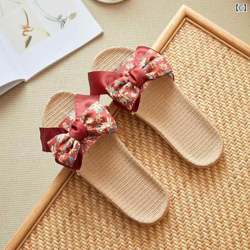 スリッパ レディース 室内 韓国 レトロ 花柄 リネン 夏 ホーム フロア 屋外 涼しい 通気性 かわいい 普段使い 来客用 ベージュ 茶 赤 リボン 軽量