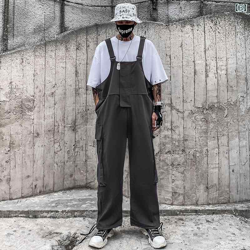 オーバーオール メンズ オールシーズン ヒップホップ 韓国 サスペンダー デニム ハイウエスト ロング ストレート ゆったり ポケット ヴィンテージ風 黒 グレー