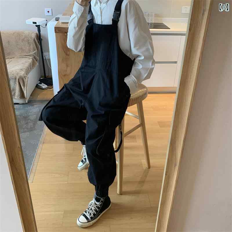 オーバーオール メンズ おしゃれ カジュアル 春秋 ヴィンテージ風 サスペンダー ロング ゆったり トランペット ポケット 大きいサイズ シャツ セット 黒 白 グレー