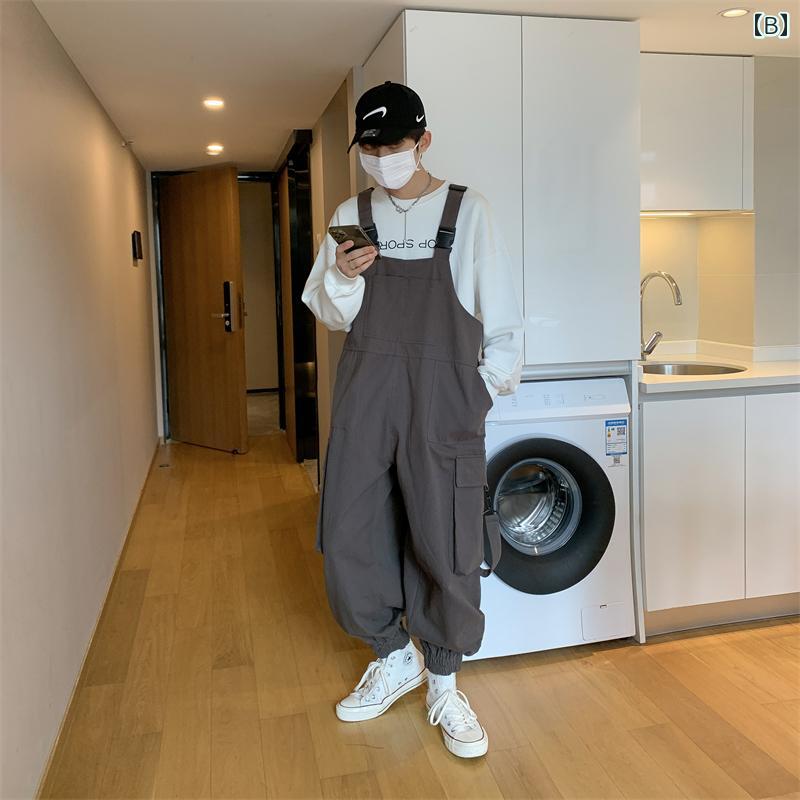 オーバーオール メンズ おしゃれ カジュアル 春秋 ヴィンテージ風 サスペンダー ロング ゆったり トランペット ポケット 大きいサイズ シャツ セット 黒 白 グレー