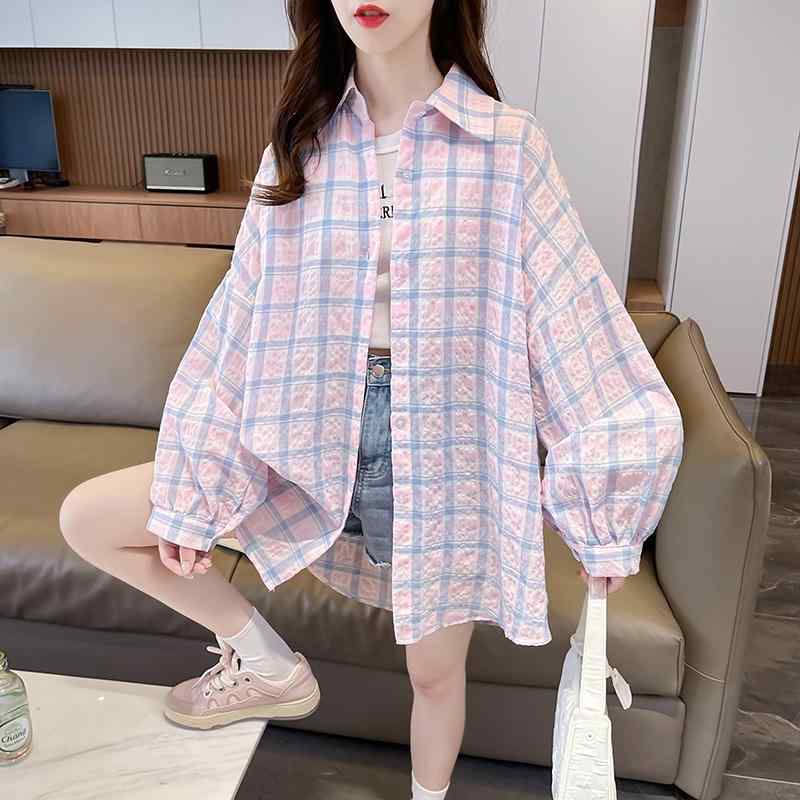 シャツ 羽織 薄手 レディース 夏 韓国 トップス 大きいサイズ ゆったり 日焼け防止 軽量 通気性 前開き カーディガン 着回し シンプル カジュアル スタイリッシュ ピンク オレンジ 緑 チェック
