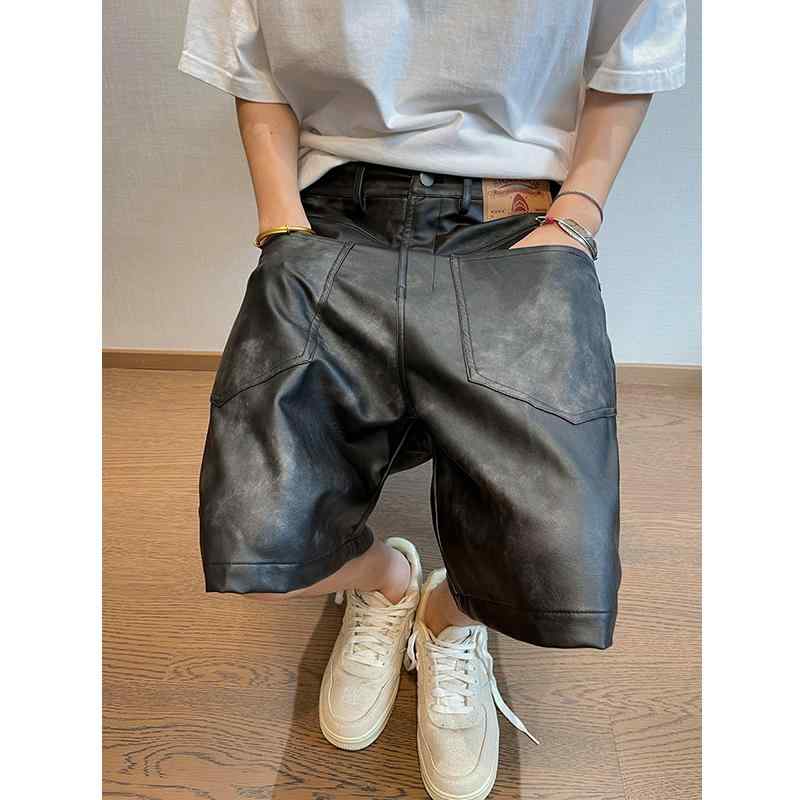 Short, Half Pants - メンズハーフパンツ 大人 夏 ヴィンテージ風 大きいサイズ ゆったり ポケット ボタン PU 五分丈 カジュアル おしゃれ シンプル 黒