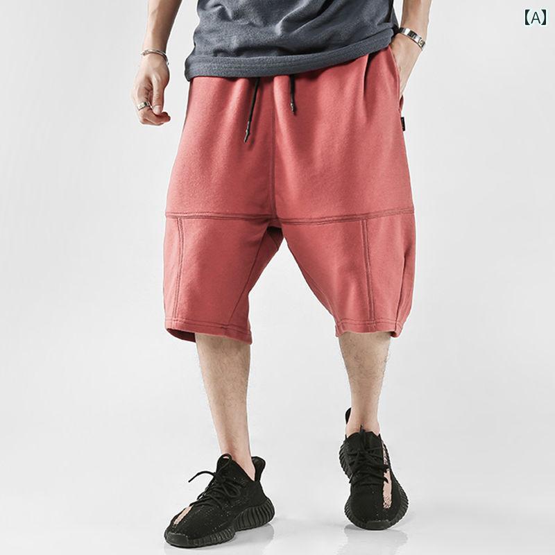 メンズハーフパンツ 大人 夏 大きいサイズ ゆったり ウエストゴム 紐 ポケット 五分丈 ワイド 薄手 ロークロッチ カジュアル 赤 黒 グレー