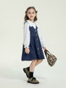 キッズ ジャンパースカート デニム 女の子 春秋 ワンピース 白 シャツ 長袖 2点セット 子供服 プリンセス Aライン おしゃれ 膝丈 ビッグカラー 青