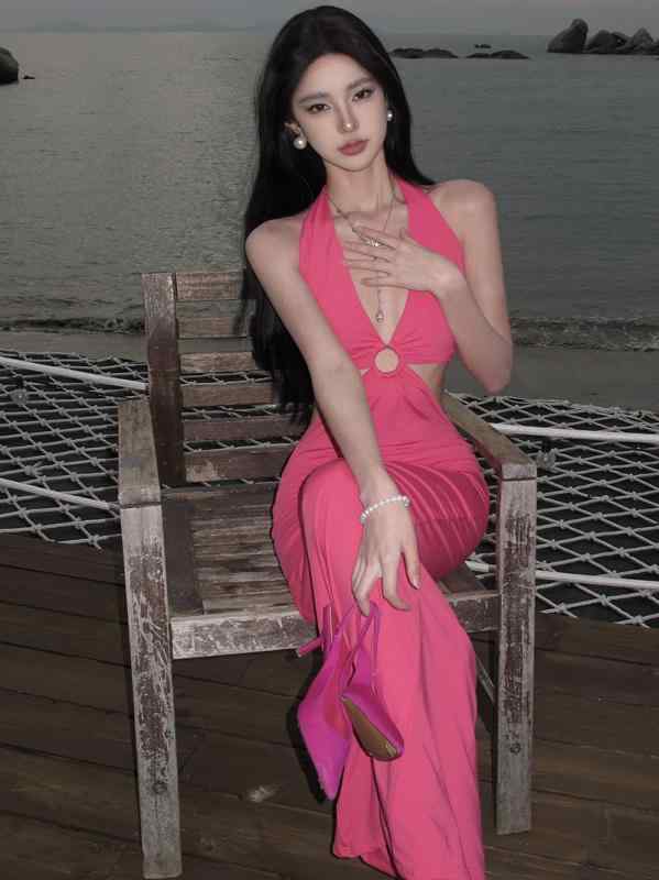 イブニングドレス レディース キャバ ホルターネック セクシー ストラップ付き バックレス ロング スカート ハイウエスト 夏 赤 ポリエステル スリムフィット