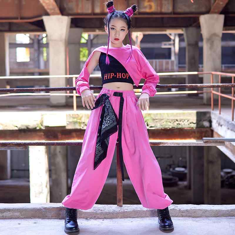 Rakuten - ダンス衣装 セットアップ 女の子 ジャズ ピンク ズボン クロップトップ ストリート パフォーマンス ヒップホップ 大きいサイズ ベスト 文字プリント 長袖【スカーフは含まれていません】