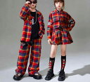 ダンス衣装 セットアップ 子供 ヒップホップ ジャズ 練習服 パフォーマンス 女の子 男の子 大きいサイズ ストリート ユニセックス チェック 長袖 シングルブレスト 赤 黒インナー ベスト