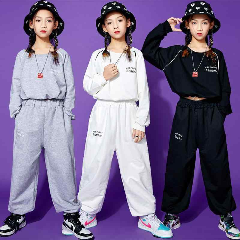 ダンス衣装 セットアップ 子供用 ジャズ 女の子 コットン ストリート 長袖 パフォーマンス ゆったり 練習服 大きいサイズ 韓国 白 グレー 黒