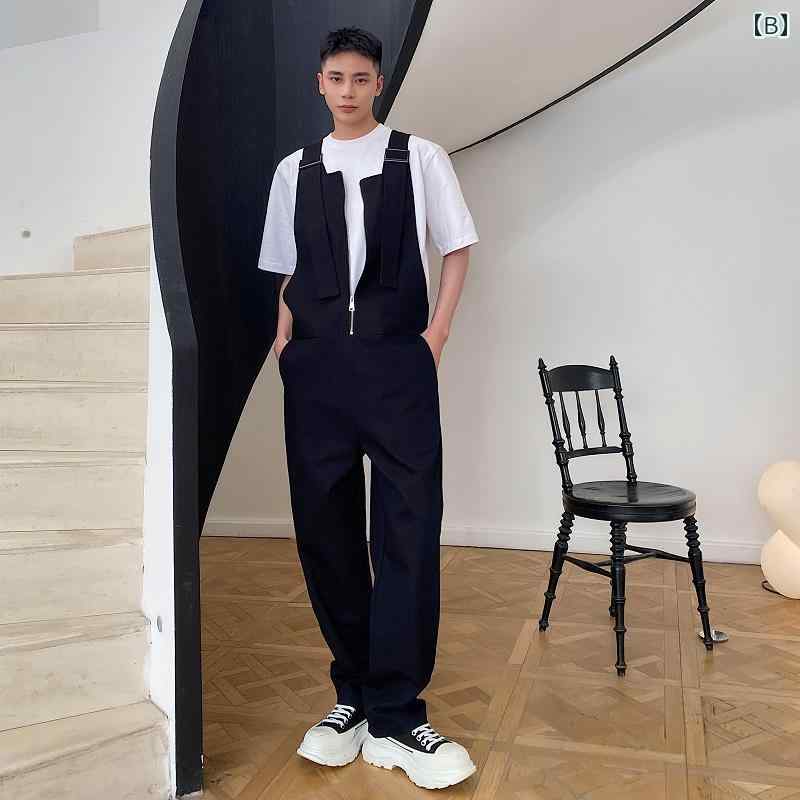 オーバーオール メンズ 春 サロペット 夏 秋冬 カジュアル パンツ ルーズ リラックス ワイド ロング ストレート ファスナー ポケット 白 黒