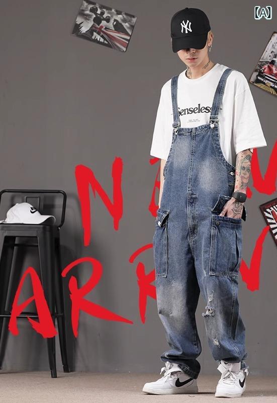 オーバーオール メンズ デニム レトロ ストレート ヒップホップ ルーズ 韓国 サスペンダー ハイウエスト ダメージ加工 春夏 秋冬 ポケット ロング 大きいサイズ 青