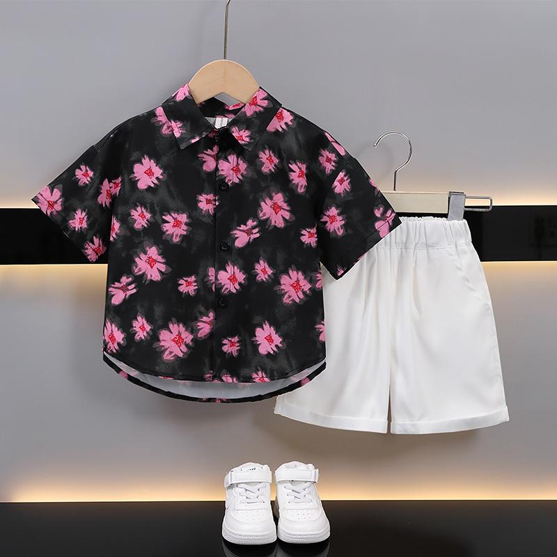 セットアップ 男の子 おしゃれ 夏 半袖 シャツ 花柄 黒 白 半ズボン 子供 洋服 カジュアル コーデ かわいい
