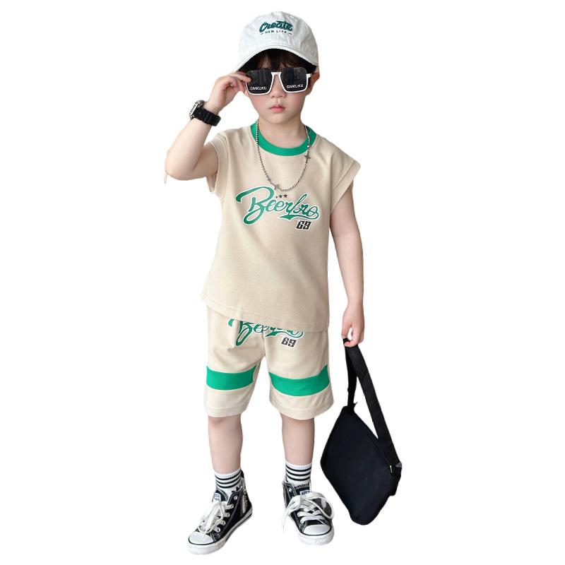 セットアップ 男の子 おしゃれ 夏 薄手 ノースリーブ トップス 半ズボン 英字プリント カジュアル ストリート こども服