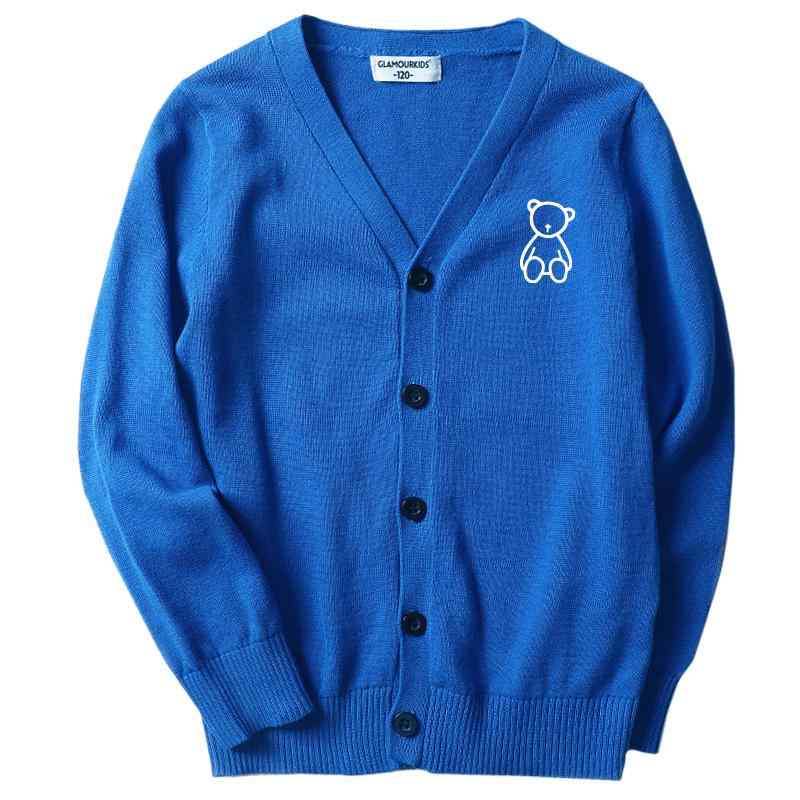 キッズ カーディガン 男の子 春秋 子供 ジュニア 薄手 長袖 Vネック ニット トップス プリント シンプル カジュアル スタイリッシュ ネイビー グレー 青 クマ