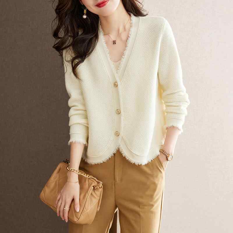 Wool - ノーカラージャケット カーディガン レディース 春秋 薄手 ウール 大きいサイズ ヴィンテージ風 Vネック シングルブレスト 長袖 ショート丈 大人 上品 キャメル 白