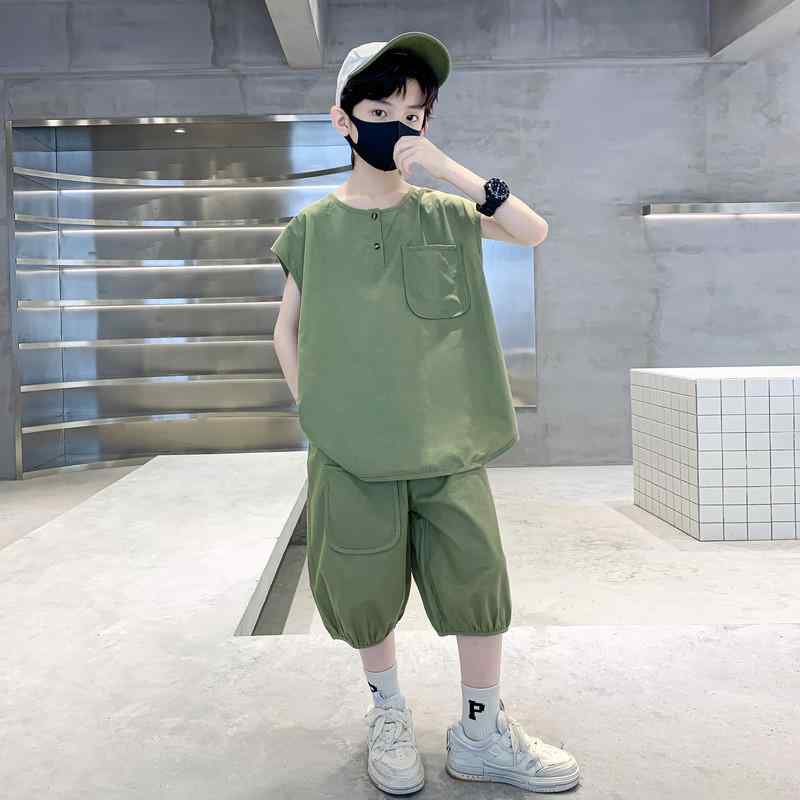 セットアップ 男の子 夏 無地 綿麻 ノースリーブ カジュアル ポケット ゆったり 韓国 涼しい キッズ ジュニア